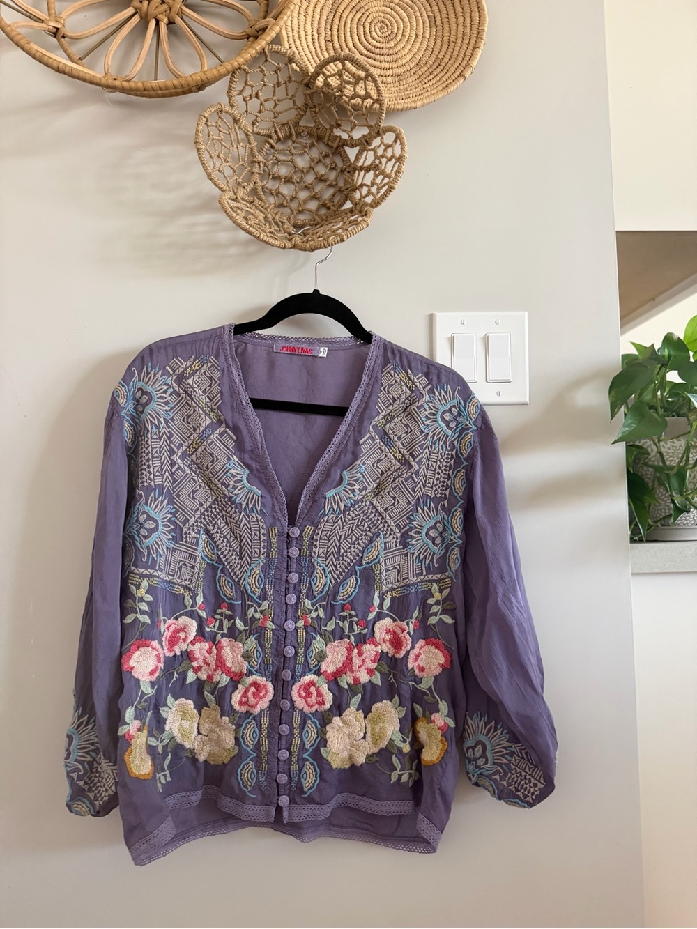 Johnny Was Embroidered Lavender Floral Button-Front Peasant Top